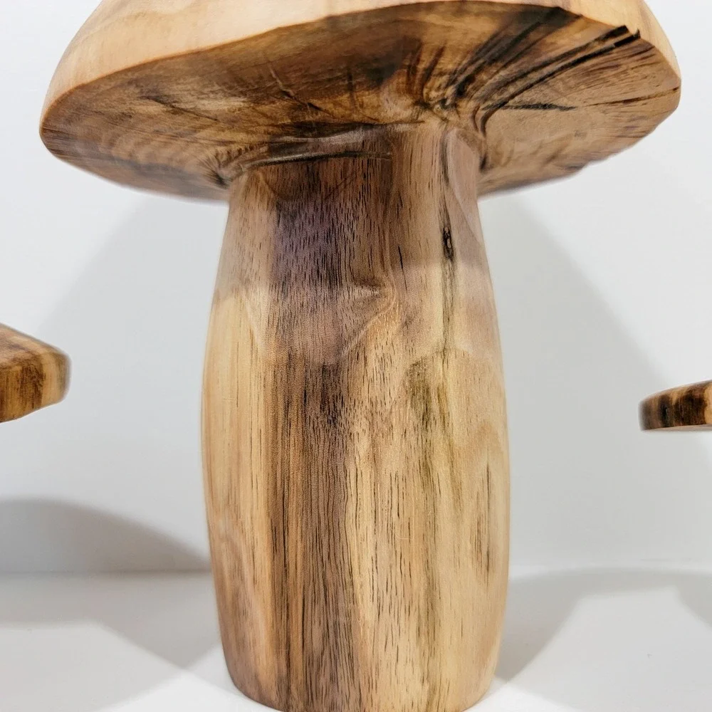 Handmade Natural Wood Mushroom Figurines Set of 3 Rustic Woodland Decor Art